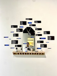 a wall with a mirror and blue bottles on it